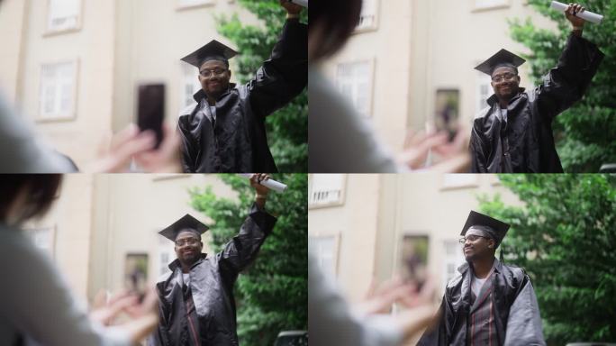 黑人学生朋友用智能手机拍照