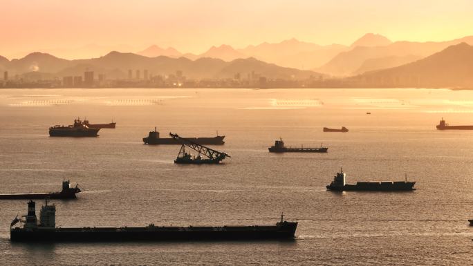 台州玉环大麦屿港口长焦航拍乐清日落夕阳