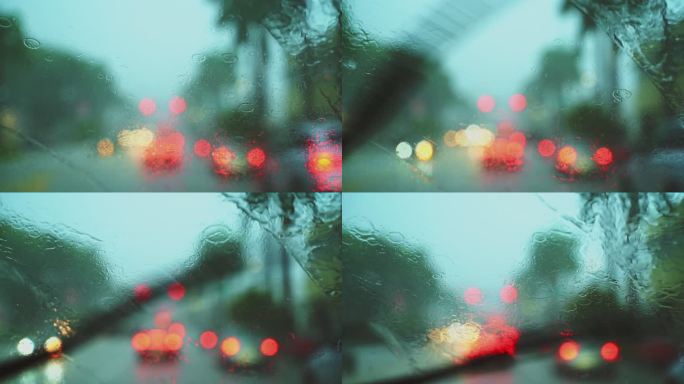 在佛罗里达州迈阿密的热带风暴中，在暴雨中驾驶。