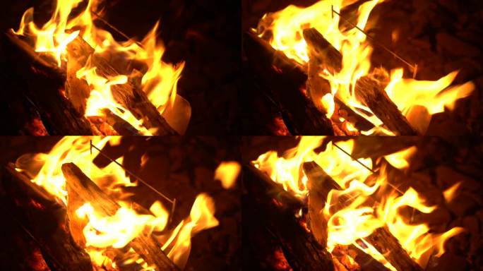 篝火火焰燃烧木头火堆