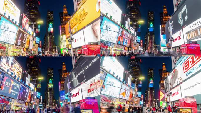 4K人群匿名游客在黄昏时分步行和参观时代广场区域的时间间隔，美国纽约，旅游和具有商业概念的地标