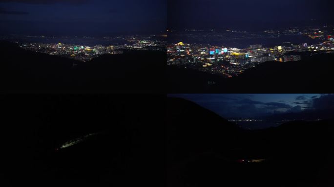 4K山顶眺望城市霓虹，夜间行驶的车灯