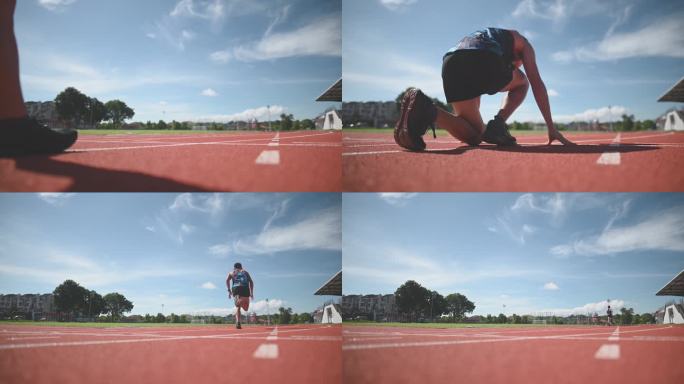 后视空气动力学亚裔中国男运动员在田径场赛道上疾跑，并于早上冲向终点线