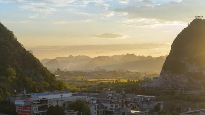 夕阳太阳下山村落风景