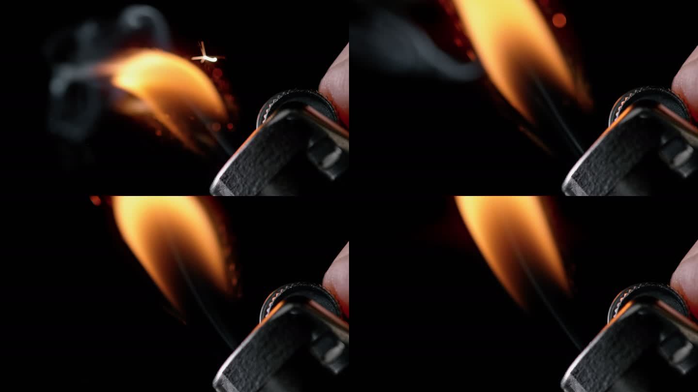 SLO MO LD手指在打火机上滚动火花轮，火花点燃火焰