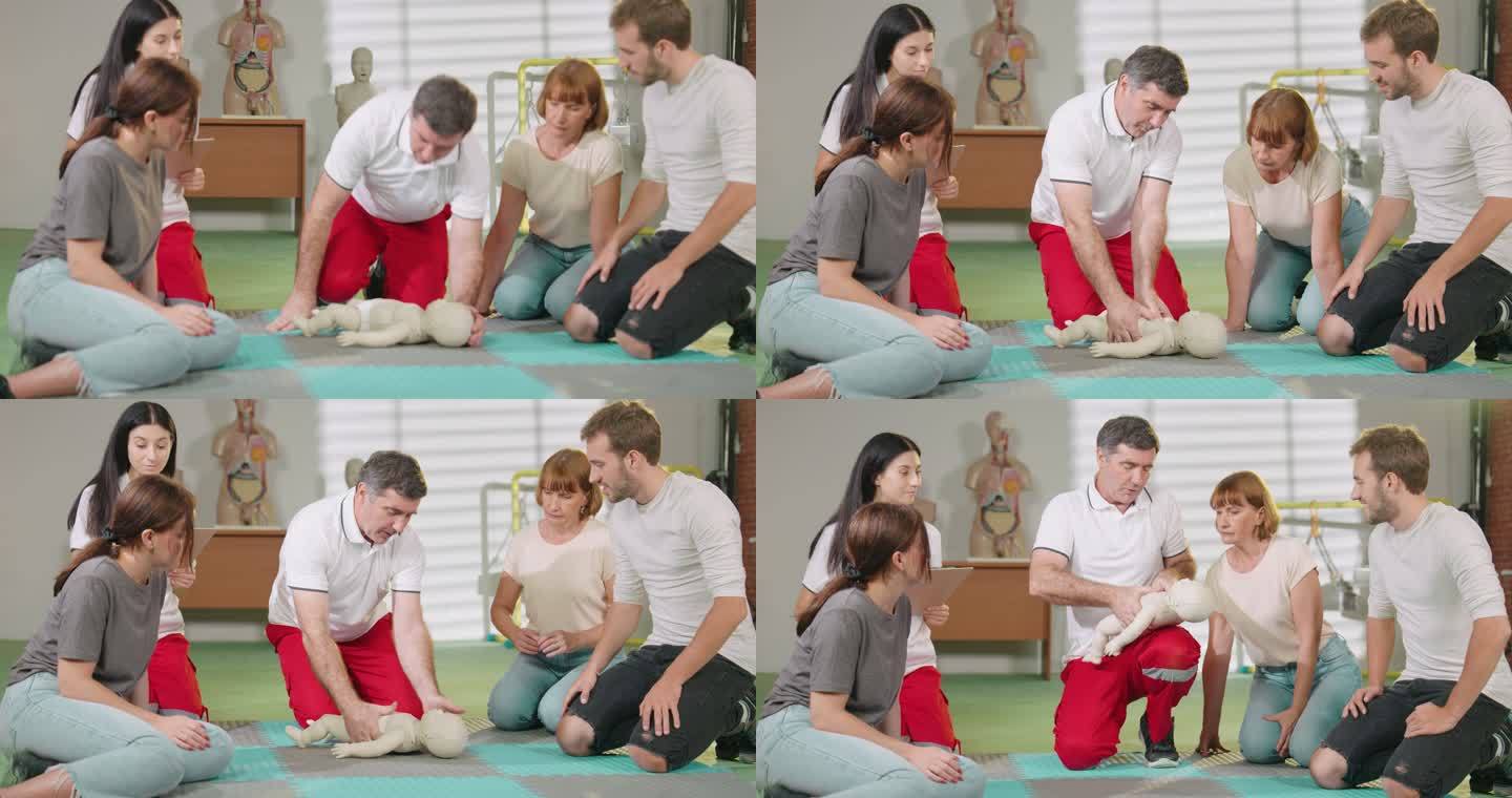 人群CPR急救婴儿培训课程。婴儿CPR假人急救培训。Concept心肺复苏。