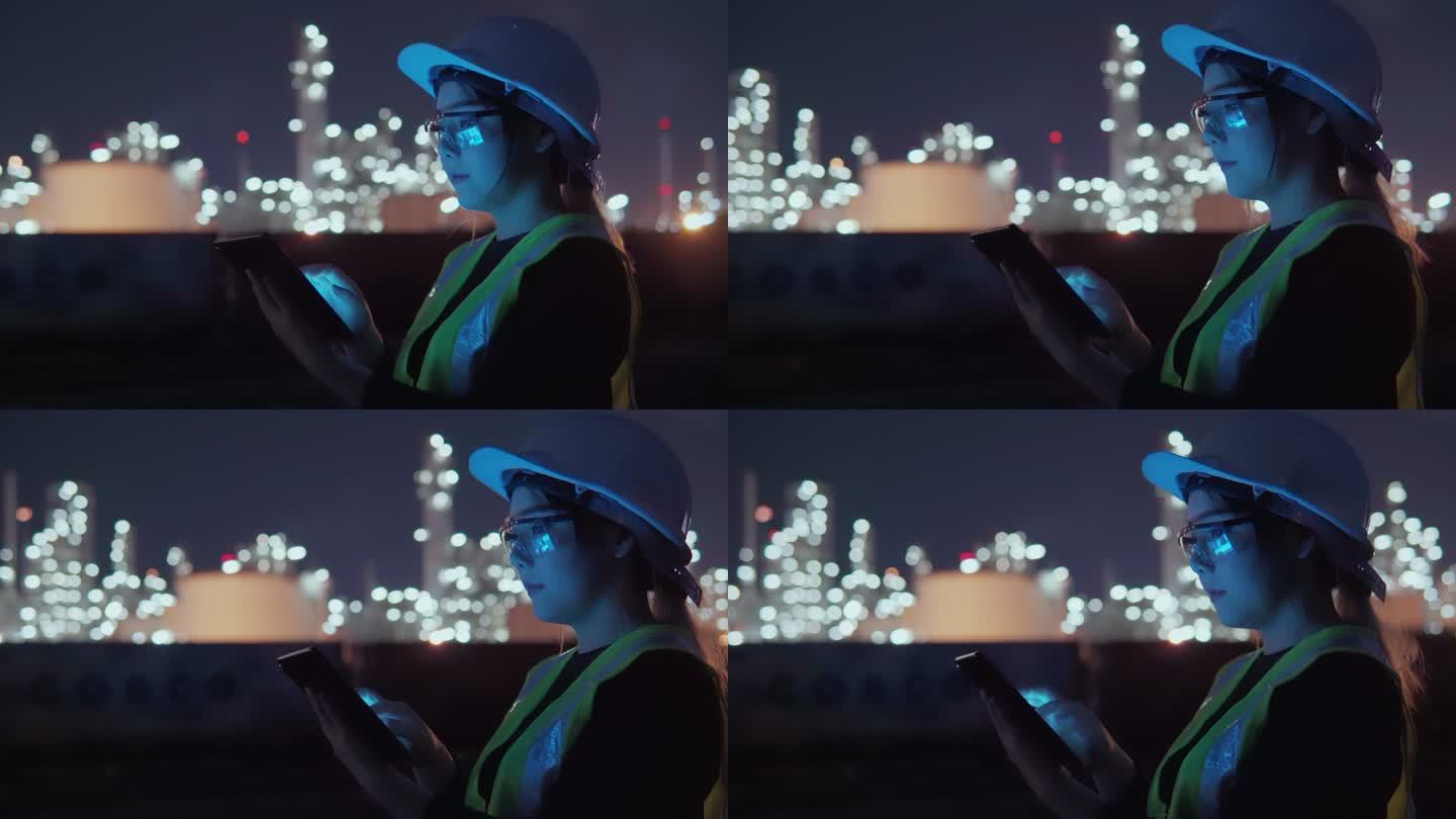 在石油天然气或其他工业现场，女工程师戴着未来派虚拟现实眼镜的视频片段。