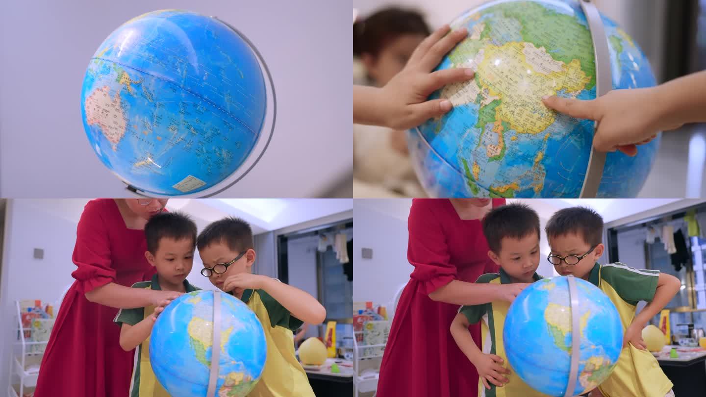 家庭教育 母子看地球仪