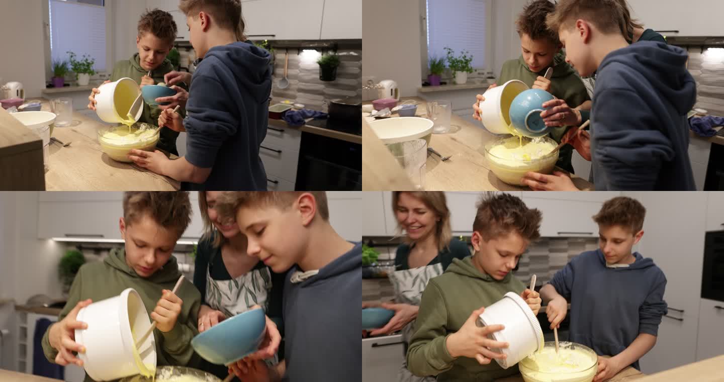 母亲和儿子一起做酵母蛋糕