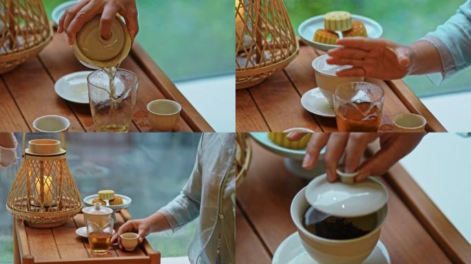 雨天茶具花瓶摆件月饼泡茶倒茶特写