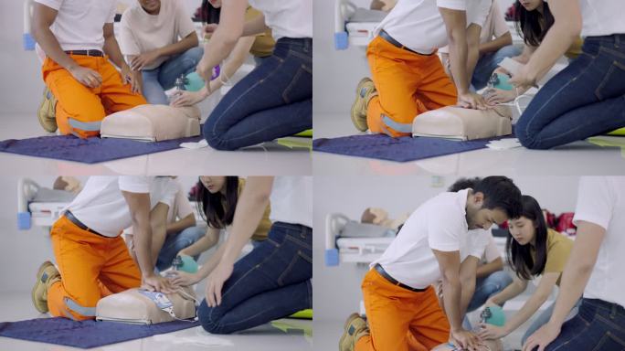 亚洲护理教练，学习CPR练习和AED假人急救技术的人群。