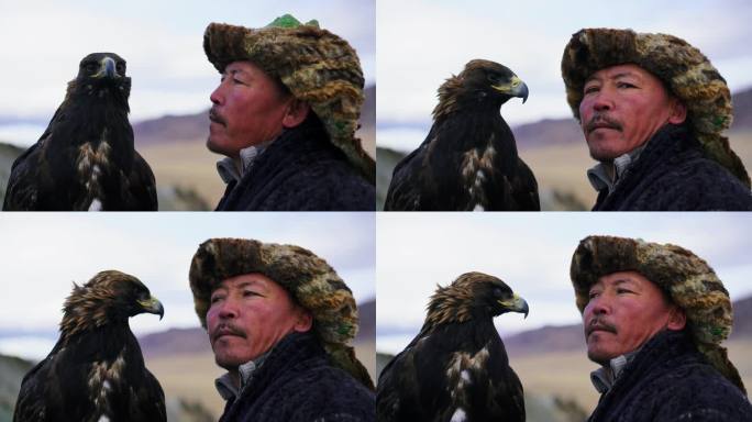 蒙古沙漠中骑马猎鹰的肖像