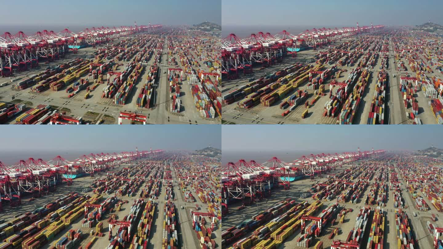 上海洋山深水港是一个拥有集装箱的工业港口，实时/鸟瞰图。