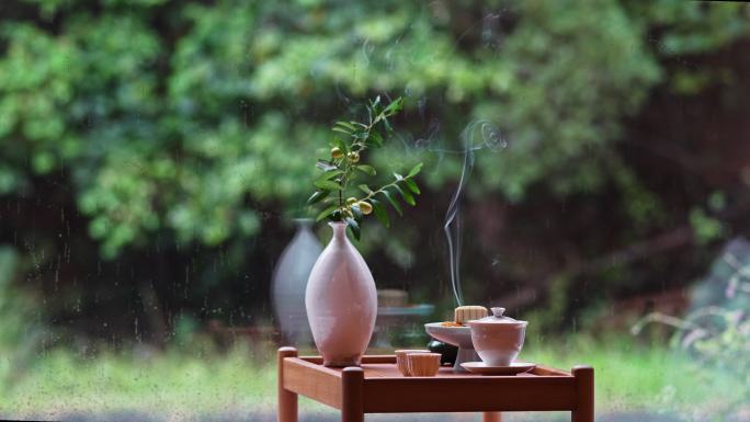 雨天茶具花瓶摆件月饼空镜头