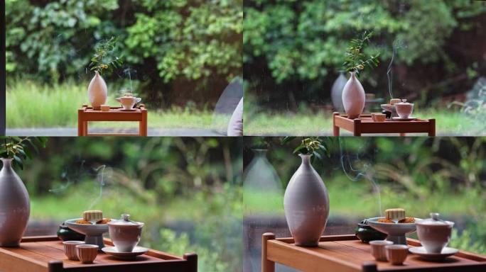 雨天茶具花瓶摆件月饼空镜头