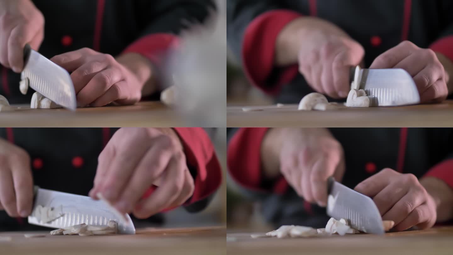 厨师用菜刀切蘑菇的选择性聚焦镜头