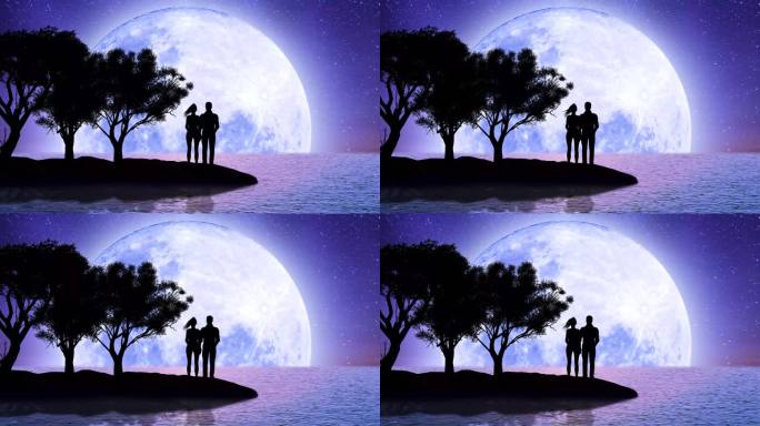 海上的超级月亮。留着马尾辫的男孩和女孩正在观看戏剧性的美丽月光场景，令人惊叹的镜头