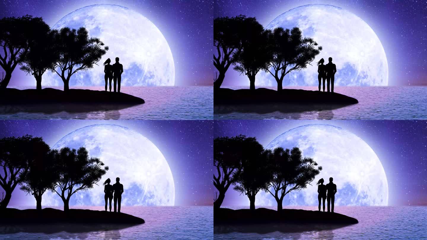 海上的超级月亮。留着马尾辫的男孩和女孩正在观看戏剧性的美丽月光场景，令人惊叹的镜头