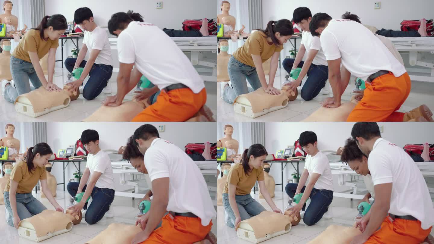 急救教室里，医科学生练习CPR和戴上氧气面罩，这是救命医学的概念。