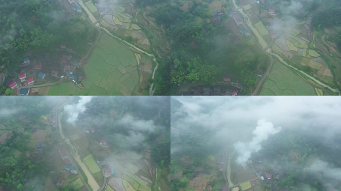 航拍烟雨缥缈的山村