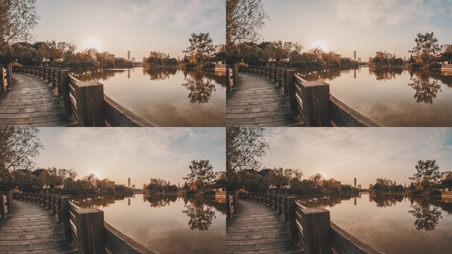 城市水边日落延时摄影，柳州河东公园