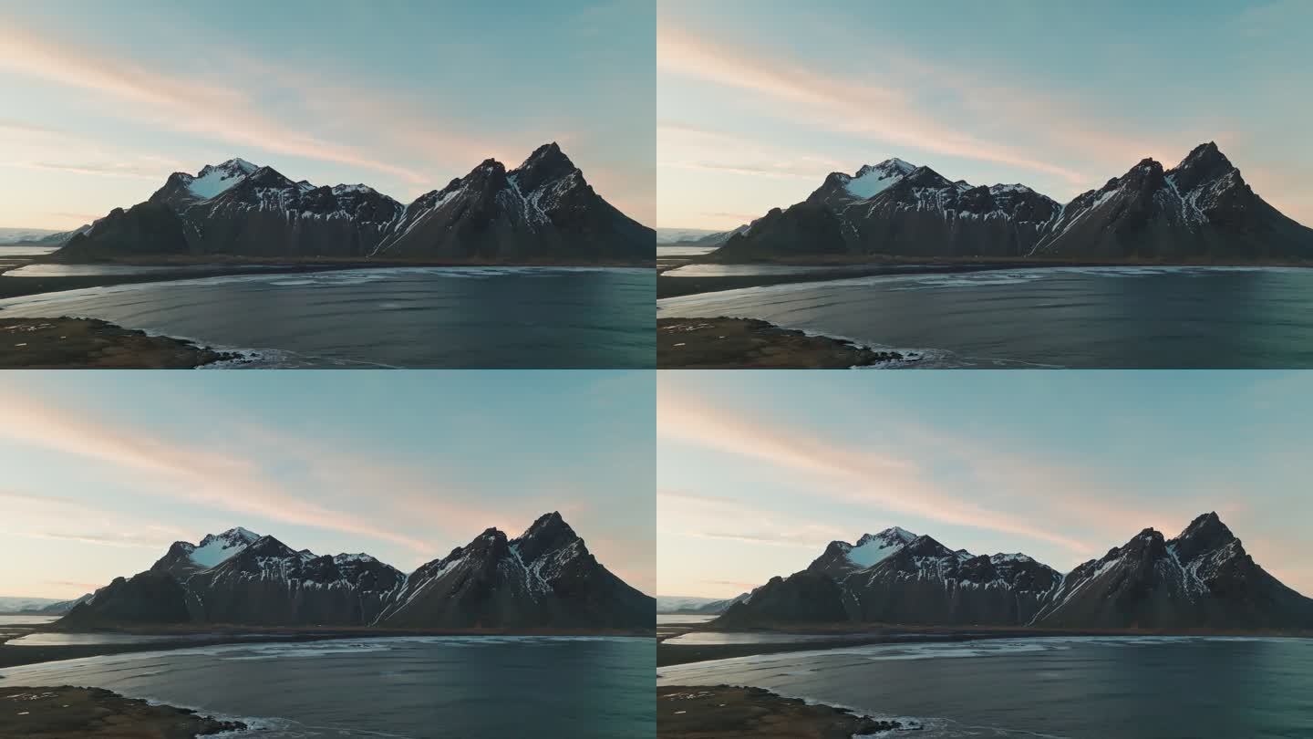 冰岛维斯特拉霍恩山黄昏日落无人机视频Stokkness