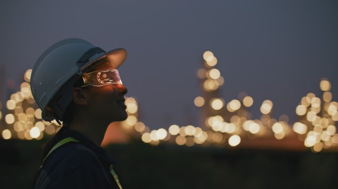 女工程师晚上在石油工业工厂戴虚拟现实眼镜