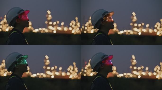 女工程师晚上在石油工业工厂戴虚拟现实眼镜