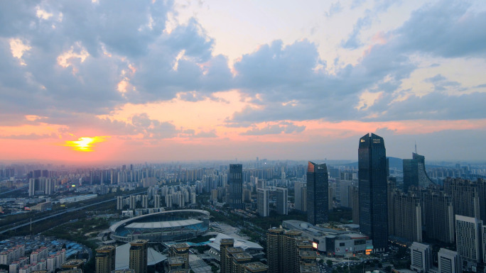 航拍合肥政务区美丽夕阳