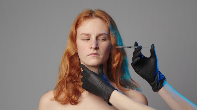 一位女士害怕戴手套的医生，她试图在灰色背景下隔离的脸上注射