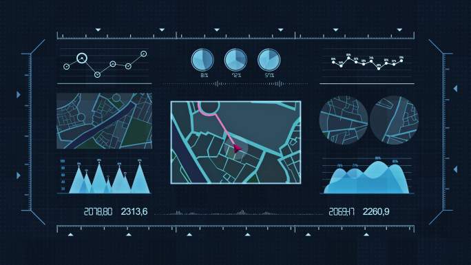 未来主义多屏幕小工具面板，未来主义HUD全息数字城市地图，导航动画之夜，导航城市地图GPS导航，定位