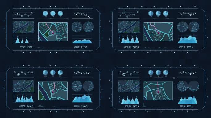 未来主义多屏幕小工具面板，未来主义HUD全息数字城市地图，导航动画之夜，导航城市地图GPS导航，定位