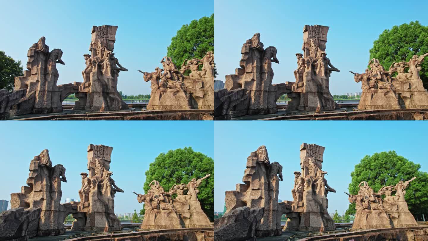 航拍上虞信义广场城市雕像