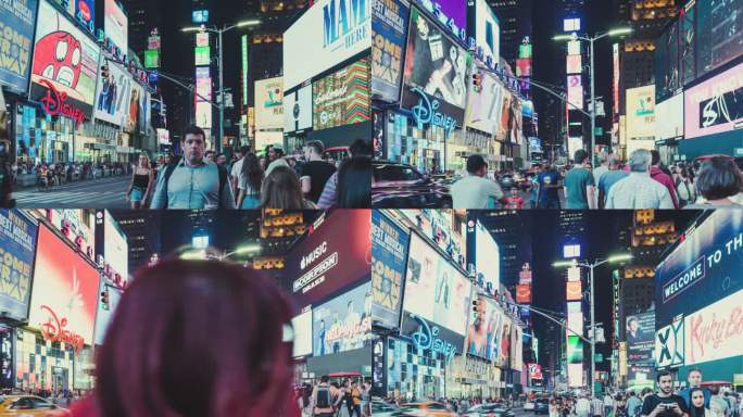 纽约曼哈顿夜间繁忙时代广场T/L TU视图