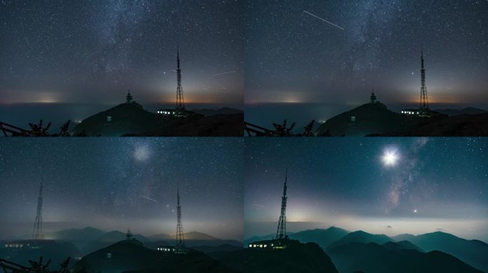 星空下的群山和铁塔延时摄影