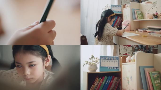 4K_小女孩写作业思考