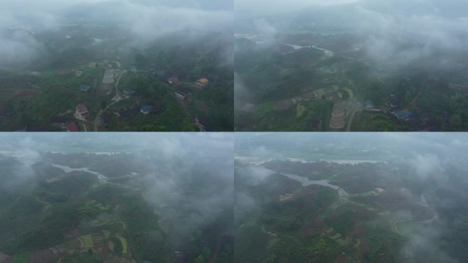 航拍烟雨缥缈的山村