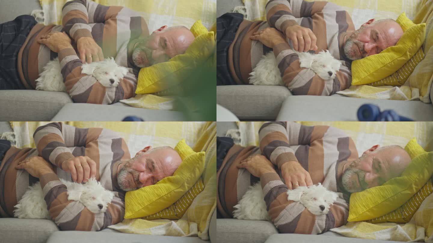 男人和他的小狗睡觉