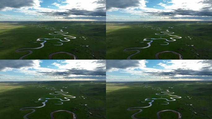 航拍呼伦贝尔草原蜿蜒河流