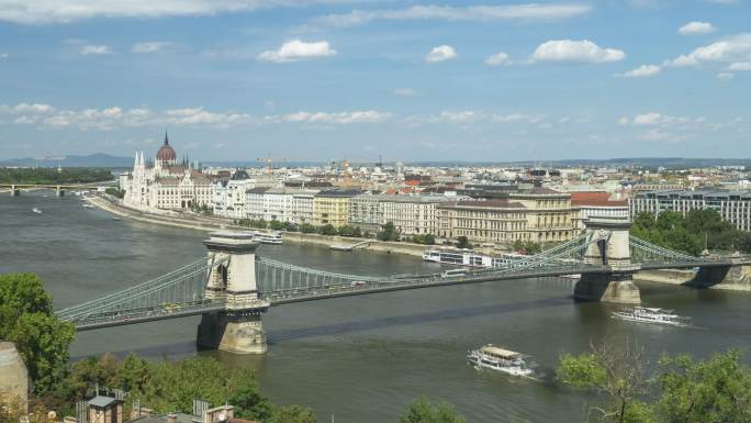 匈牙利议会和链桥周末繁忙，游客众多，匈牙利布达佩斯夏季交通拥堵，时间轴高角度侧视，缩小