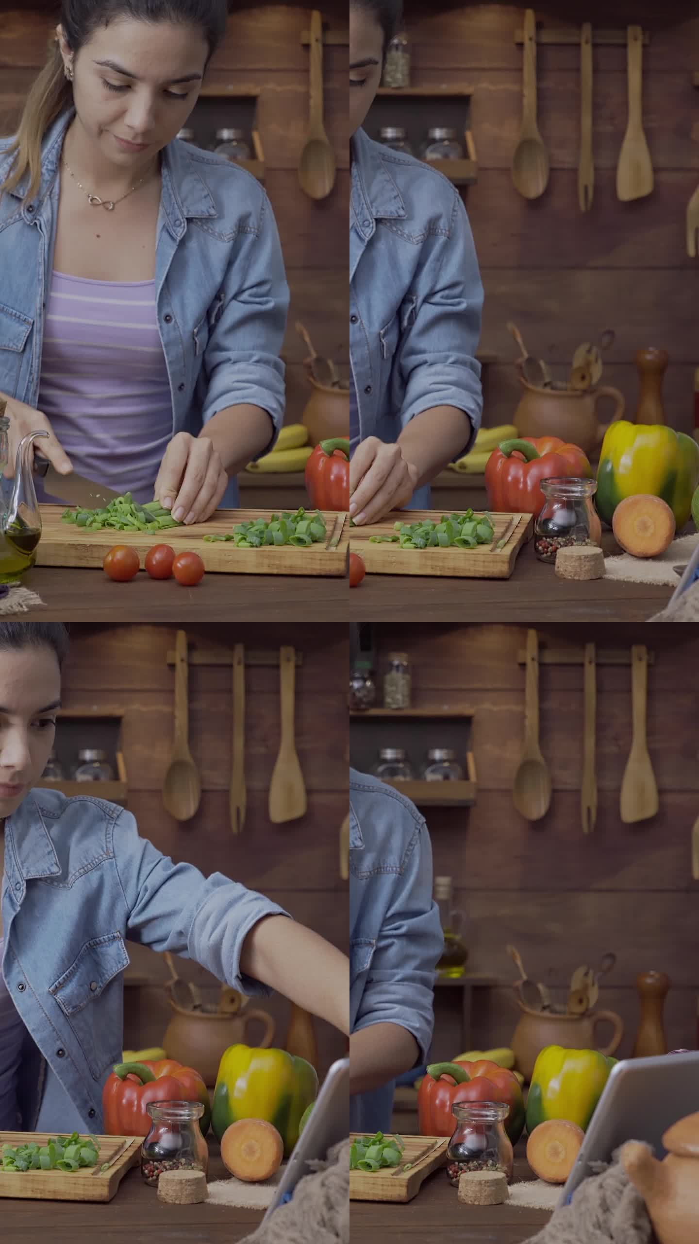 数字平板食谱：西班牙年轻女子切菜做饭的多莉镜头