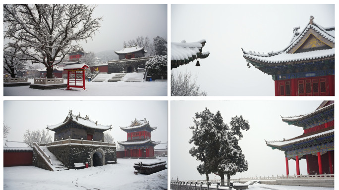 寒冷冬天大雪幽静古寺古建筑