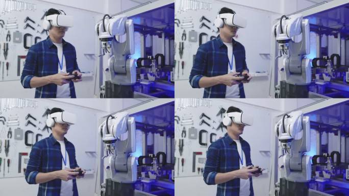 亚洲软件工程师年轻人通过无线控制器和虚拟仿真眼镜控制自动机械臂生产线的运动系统
