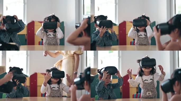激动人心的亚裔蒙台梭利学龄前儿童在课堂上享受VR谷歌的乐趣