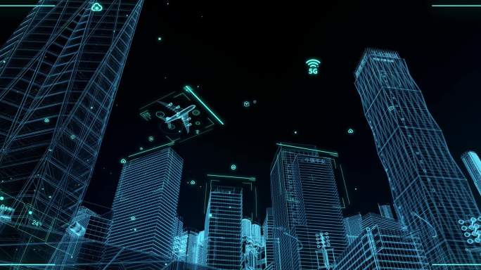 智慧科技城市仰视角度，飞机掠过