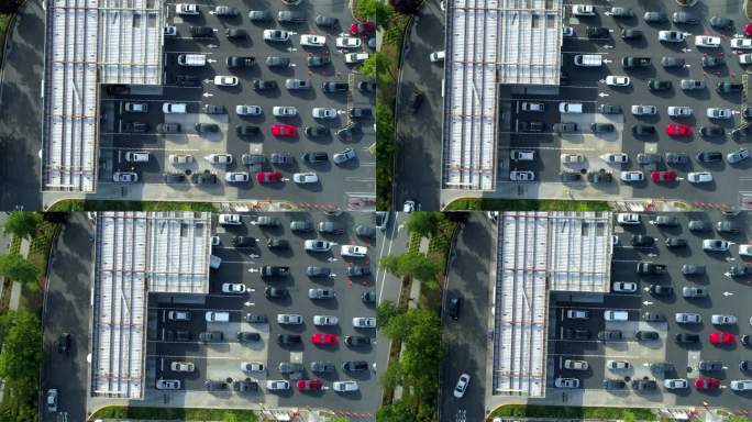 许多汽车在加油站排队等候。鸟瞰图。