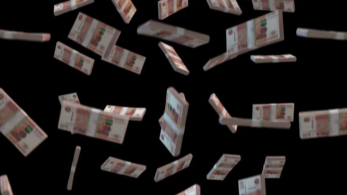 4K纸币落在透明背景上，运动模糊，俄罗斯货币，五千卢布纸币掉落，叠加阴影，只需在时间线或项目上拖放即