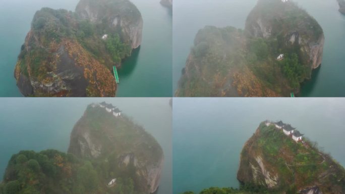 三座道观矗立在河中的悬崖岛上