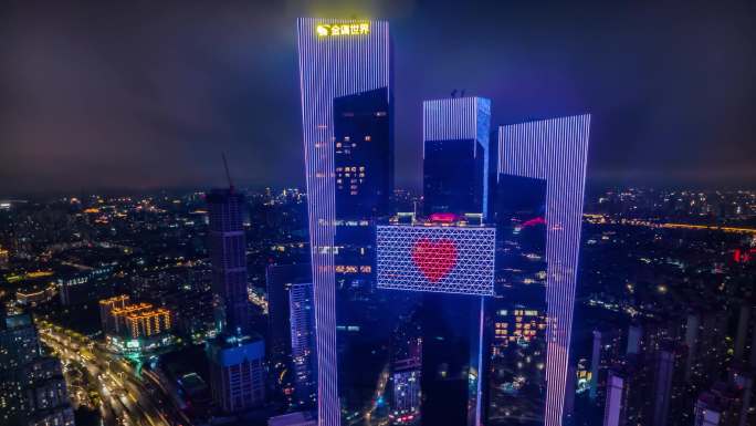 南京河西金鹰世界夜景航拍延时