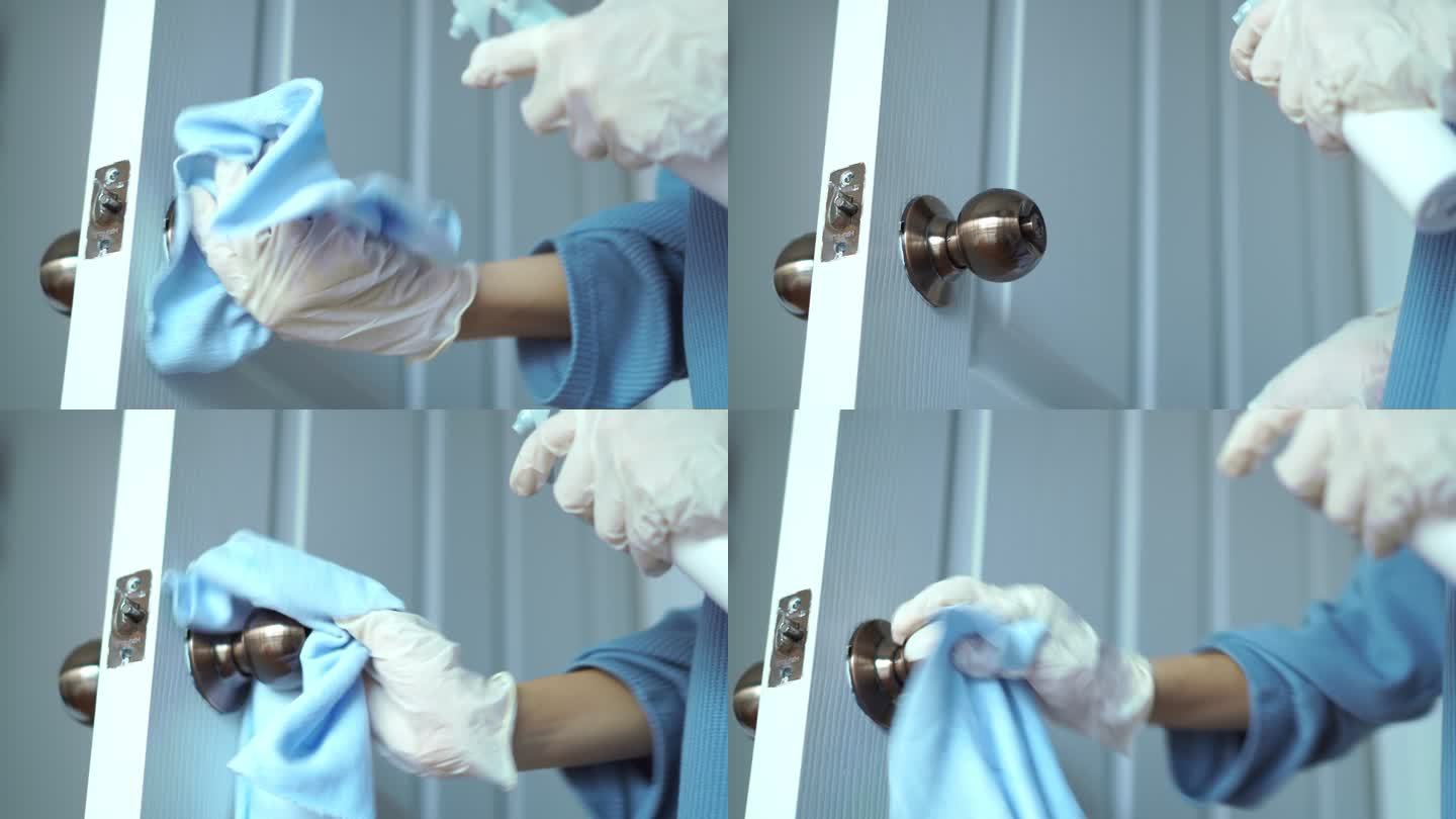 妇女戴着塑料手套，在门把手上喷洒酒精消毒剂，对表面进行细菌或病毒消毒